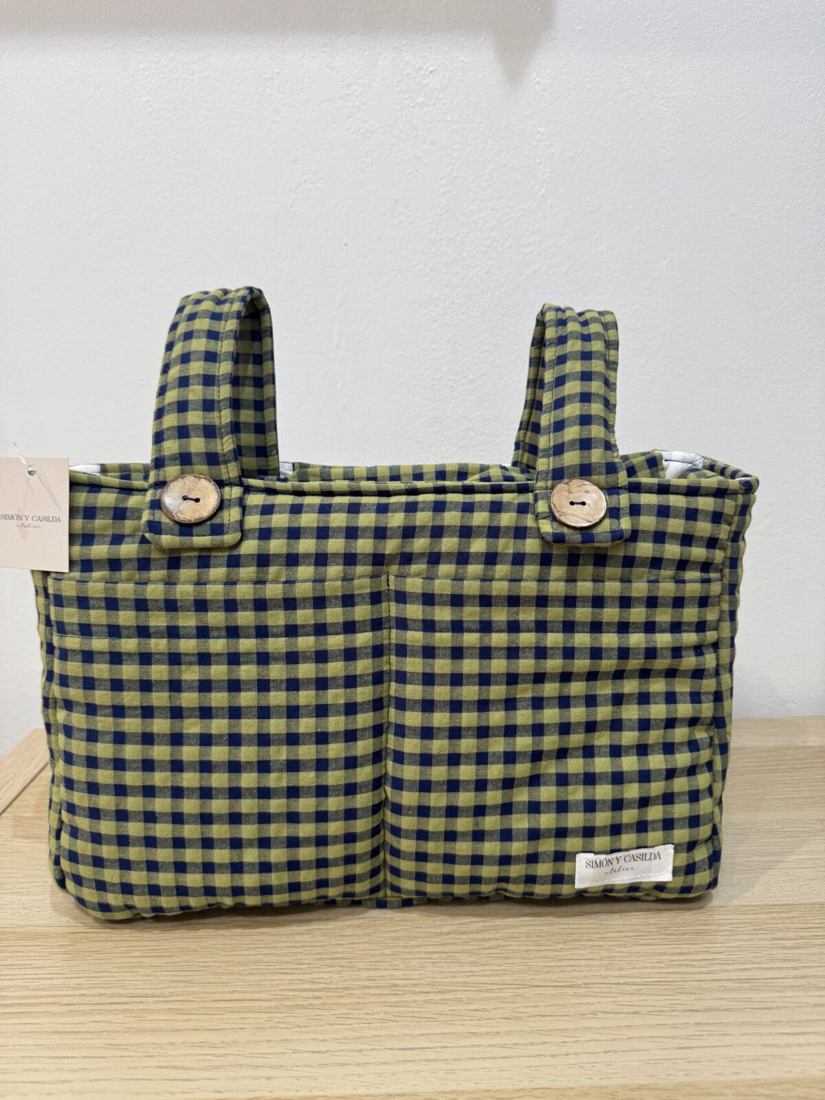 Bolso organizador sin volante vichy verde y azul